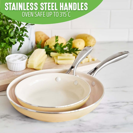 GreenLife Artizan Healthy Ceramic Non-Stick 20 cm and 26 cm Frying Pan Skillet Set, Stainless Steel Handle, PFAS-Free, Induction, Oven Safe, Yellow