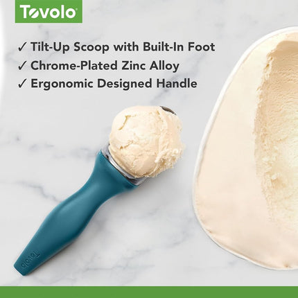 Tovolo Tilt Up Ice Cream Scoop – Use for Cookie Dough, Gelato, Sorbet & Frozen Treats, Built-in Feet, Non-Slip Ergonomic Handle, Heat Retaining Metal for Easy Scooping, Dishwasher Safe, Marine Blue