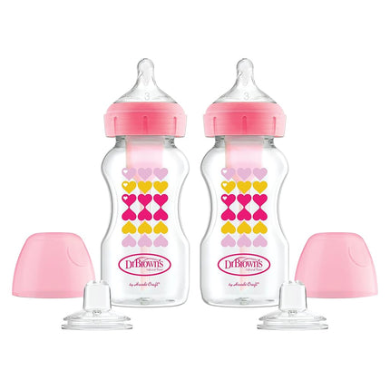Dr. Brown�s Anti-Colic Options+ Wide-Neck Sippy Bottle Starter Kit, 9oz/270mL, with Level 3 Medium-Fast Flow Nipple and Soft 100% Silicone Sippy Spout, Pink, BPA Free, 6m+, 2 Pack