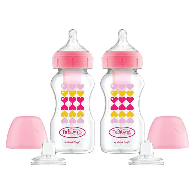 Dr. Brown�s Anti-Colic Options+ Wide-Neck Sippy Bottle Starter Kit, 9oz/270mL, with Level 3 Medium-Fast Flow Nipple and Soft 100% Silicone Sippy Spout, Pink, BPA Free, 6m+, 2 Pack