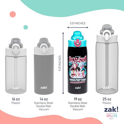 Zak Designs KPop Demon Hunters Sage Kids Water Bottle For School or Travel, 19oz Stainless Steel Water Bottle With Straw and Leak-Proof, Pop-Up Spout Cover, BPA Free (Saja Boys Soda Pop Tour)