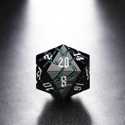 Metal Dice for DND - Ancient Cracked - Black Green Glitter Cracks