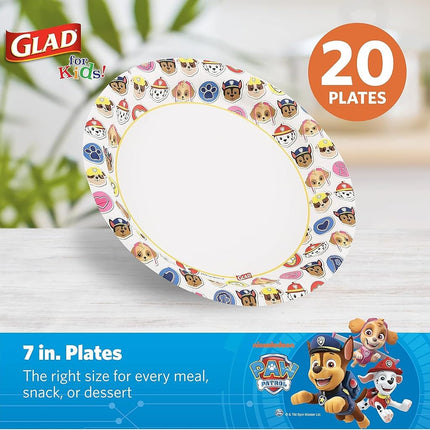 Glad for Kids Paw Patrol Emoji Disposable Paper Plates - Soak Proof, Microwave Safe Snack Plates, Kid Friendly Dinnerware for Everyday Use, 7 Inch, 20 Count (Pack of 10)