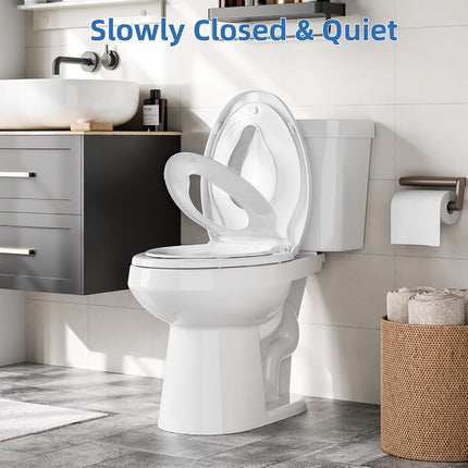 Toilet Seat with Toddler Seat, Elongated Toilet Seat, Quick-Release Structure Toilet Seat, Quick-Attach Hardware & Full Flat with Grip-Tight Bumpers, Quiet-Close Seat, White 19"