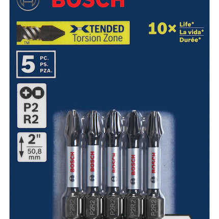 BOSCH ITP2R2205 5 Count (Pack of 1), 2 in. Phillips/Square #2 Impact Tough Screwdriving Power Bits