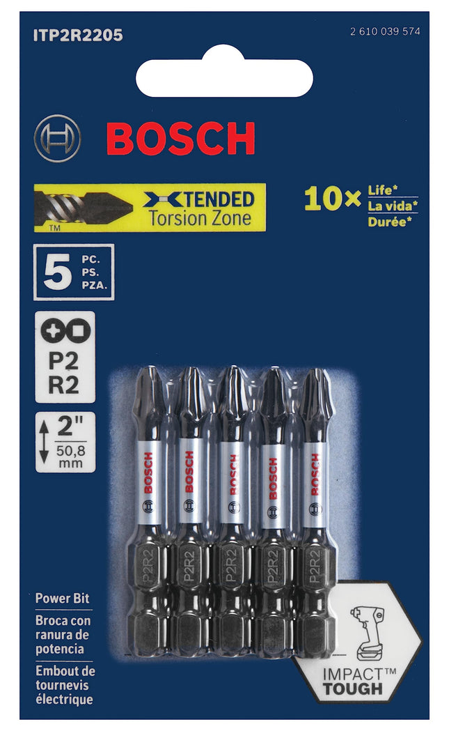 BOSCH ITP2R2205 5 Count (Pack of 1), 2 in. Phillips/Square #2 Impact Tough Screwdriving Power Bits