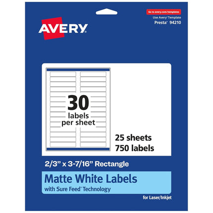 Avery Matte White Rectangle Labels with Sure Feed, 2/3" x 3-7/16", 750 Matte White Printable Labels