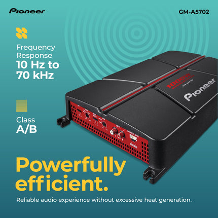 Amplificador para coche Pioneer GM-A5702 de 2 canales – 1000 W máx., clase AB, diseño puenteable, puenteable, filtros variables, alta potencia