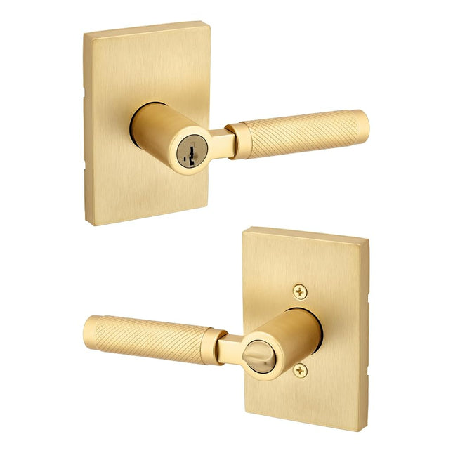 Kwikset Prava Entry Door Handle with Lock and Key, Secure Keyed Reversible Lever Exterior, for Front Entrance and Bedrooms, Satin Brass, Pick Resistant Smartkey Rekey Security and Microban
