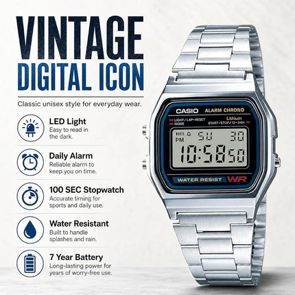 Casio Men's Digital Watch with Stainless Steel Bracelet A158WEA-1EF
