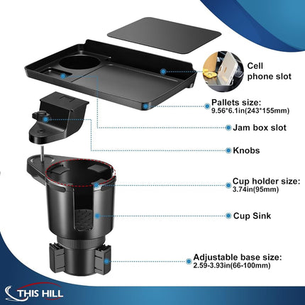 This Hill 2 Pack Cup Holder Tray for Car, 2 in 1 Detachable Car Food Table Tray with Solid Base & Phone Slot,Car Cup Holder Expander with 360°Rotation Tray for Travel Road Essentials Accessories