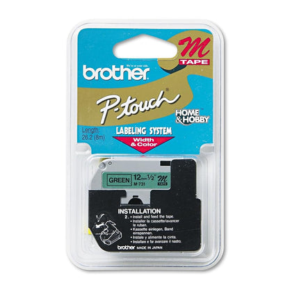 Cartouche de ruban Brother 12 mm de large, noir sur vert non laminé (M731) - Emballage de détail
