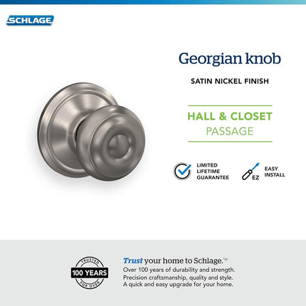SCHLAGE F10 GEO 619 Georgian Door Knob, Hall & Closet Passage Lock, Satin Nickel