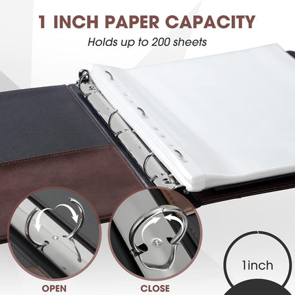 Marspark 2 Pcs Vintage Hardback 3 Ring Binder Professional Leather Binder Organizer Round Rings Holds 200 Sheets with 2 Inner Pockets(1 Inch,Brown, Black)