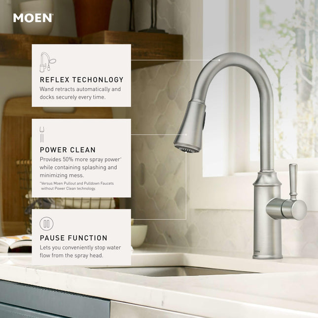 Moen 87801SRS Conneaut One-Handle Pulldown Kitchen Faucet with Reflex and Power Clean, Spot Resist Stainless