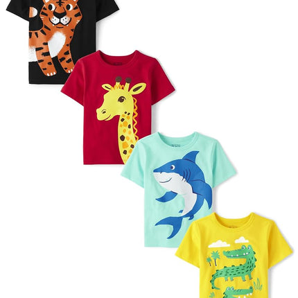 The Children's Place Boys' and Toddler 4-Pack Short Sleeve Graphic T-Shirt, Shark/Gator/Giraffe/Tiger, 2T