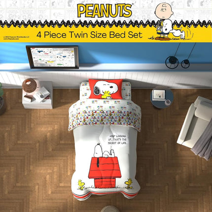 Franco Comforter and Sheet Set, Microfiber, Red-Peanuts-Snoopy, 4 Piece Twin Size
