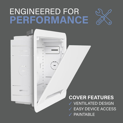 Legrand - OnQ 9 In. Media Enclosure, Wall Cable Management to Organize System Devices, Home Networking Panel Dual Purpose In Wall Enclosure for Device Storage, Media Box, White, ENP0905NAV1