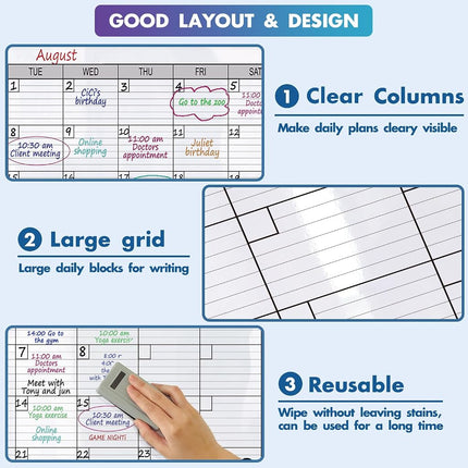 Calendario de pared mensual de borrado en seco extragrande de 38" x 50", pizarra blanca laminada de borrado en seco, calendario en blanco, 30 días, líneas cuadradas