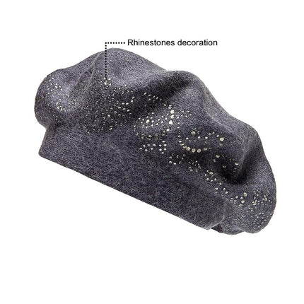 LADYBRO Sombreros Boina de Diamantes de Imitación para Mujer 2 Capas de Lana Gorro Tejido Francés Señora Invierno Negro, Gris, Talla Única