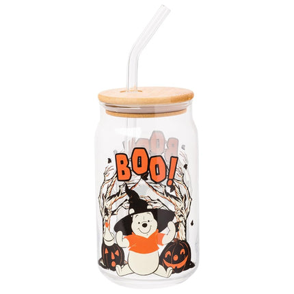 Silver Buffalo Disney Winnie The Pooh Halloween Spooky Boo Witch Hat Jack-o-Lantern Glass Jar Tumbler with Bamboo Lid and Glass Straw, 16 Ounces