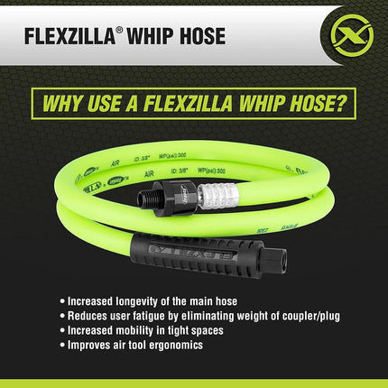 Tuyau d'air fouet pivotant Flexzilla, 3/8 po x 4 pi (pivot à bille MNPT 1/4" x embouts FNPT 1/4"), robuste, léger, hybride, ZillaGreen - HFZ3804YW2B