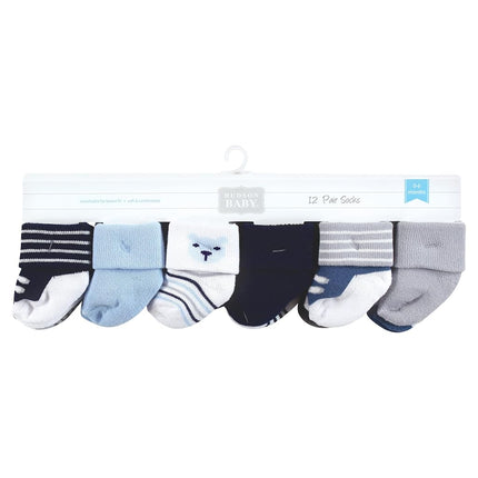 Hudson Baby Baby Girls' Cotton Rich Newborn and Terry Socks, Bear Boy 12-pack, 6-12 Months