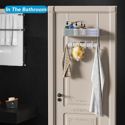 Aimeaihe Over The Door Hooks Organizer, Over The Door Towel Rack with Mesh Basket, 10 Coat Hooks and 2 Wreath Hangers, Bathroom Door Organizer Back of Door Hanger Organizer for Bedroom, Kitchen(White)