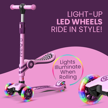 Pink & Purple 3 Wheel Scooter with Seat for Kids – Light-Up LED Wheels, Adjustable Handlebar and Seat, Smooth PU Wheels, Wide Anti-Slip Deck, Rear Foot Brake – Toddler Outdoor Toys for Ages 2+