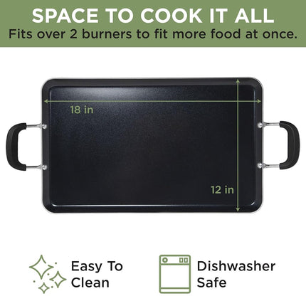 Ecolution Artistry Nonstick Double Burner Griddle, Easy to Clean, Cool Touch Silicone Handle, Dishwasher Safe Pots and Pans, 12-Inch x 18-Inch, Black