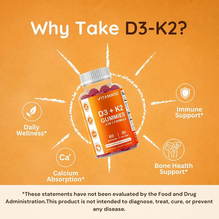 Vitamatic Vitamin D3 K2 Gummies - 60 Count - Supports Healthy Bone, Heart & Calcium Absorption, & Immune Health - Plant Based, Non-GMO, Gluten Free