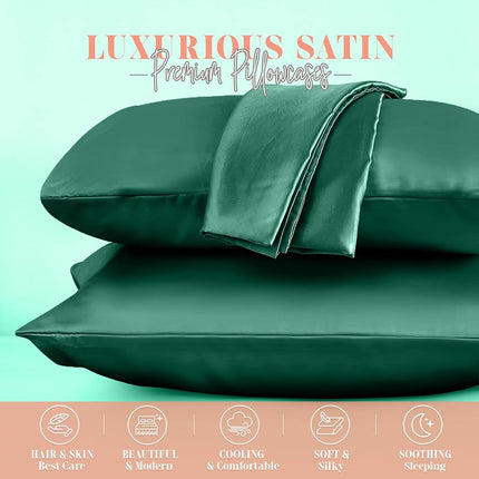 Elegant Comfort Silky and Luxurious 2-Piece Satin Pillowcase Set for Healthier Skin and Hair, Hidden Zipper Closure and Beautifully Packaged, Satin Pillowcase Set, King, Hunter Green