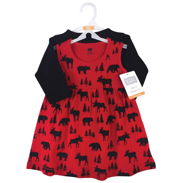 Hudson Baby Ensemble Robe et Cardigan en Coton pour Bébés Filles, Élan et Ours Rouges, 3-6 Mois