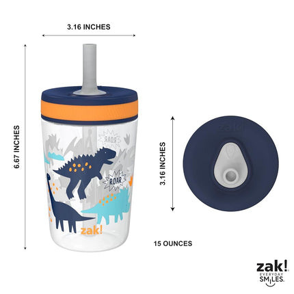 Zak Designs DinoRoar-Zaksaurus Kelso 15oz Leak-Proof Toddler Cups, 2-Pack