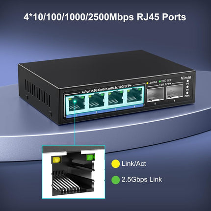 6 Port 2.5G Unmanaged Switch with 2x10G SFP, 4X 2.5Gbase-T Ports, 2X 10G SFP+ Port, 60Gbps Switching Capacity, IEEE802.3, Metal Housing,Work for 2.5Gbps NAS, Wireless AP & PC