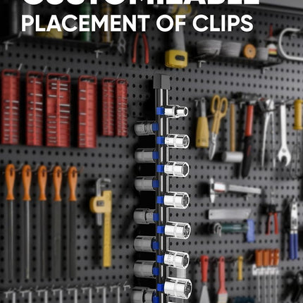 ALOANES 9PC ABS Socket Organizer, 1/2 inch, 3/8 inch and 1/4 inch Drive Socket Rail Holders, Heavy Duty Socket Racks, Black Rails with Red Blue Black Clips