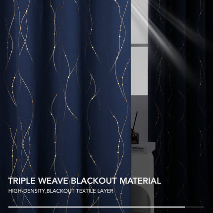 Deconovo Wave Line with Dots Gold Foil Print Design Grommet Top Blackout Curtains for Bedroom Navy Blue W52 x L72 Inch Set of 2