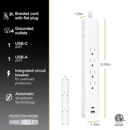 GE UltraPro 4 Outlet Surge Protector, USB-C Charging, 3 ft Designer Braided Cord, 1060 Joules, Compatible w/ iPhone 12/11/Pro/Max/Xs/XR/X/8, Samsung Galaxy S21/S10/S9/Plus, Google Pixel, White, 41354