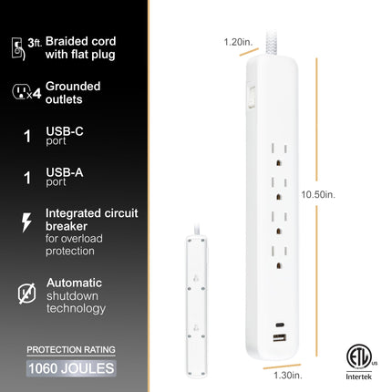 GE UltraPro 4 Outlet Surge Protector, USB-C Charging, 3 ft Designer Braided Cord, 1060 Joules, Compatible w/ iPhone 12/11/Pro/Max/Xs/XR/X/8, Samsung Galaxy S21/S10/S9/Plus, Google Pixel, White, 41354