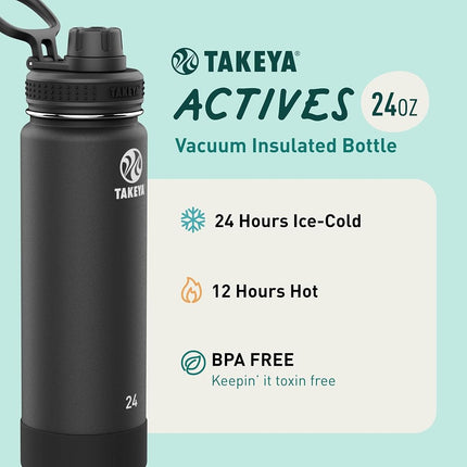 Bouteille d'eau isotherme en acier inoxydable Takeya Actives avec bouchon à bec, 0,7 litre / 24 onces, Onyx