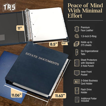 TRS Estate Planning Binder Kit – Pre-Labeled Tabs, Sheet Protectors | 1.5" D-Ring Stitched Faux Leather Organizer for Wills, Trusts, Power of Attorney & End-of-Life Planning | Silver on Navy
