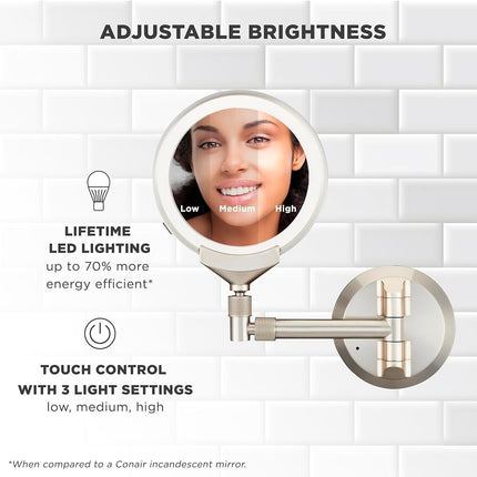 Conair Lighted Makeup Mirror, Wall Mount Bathroom Mirror, LED Vanity Mirror, 1X/5X/10X Magnifying Mirror, Rechargeable in Satin Nickel