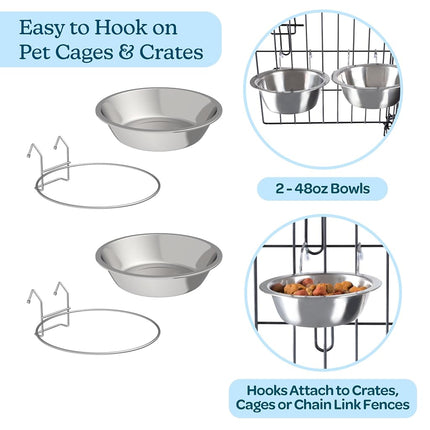 Set of 2 Stainless-Steel Dog Bowls - Cage, Kennel, and Crate Hanging Pet Bowls for Food and Water - 48oz Each and Dishwasher Safe by PETMAKER