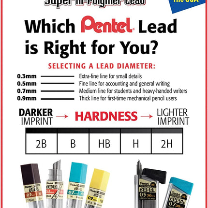 Pentel Super Hi-Polymer Minas de repuesto para lápiz mecánico Paquete económico - Versión surtida original - 0.5mm, 0.7mm, 0.9mm