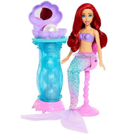 Mattel Disney Princess Toys, Mermaid Arielle Fashion Doll with Removable Tail Fin, Dressing Table with 5 Repeatable Pop-Up Surprises and 5 Accessories, JBF86