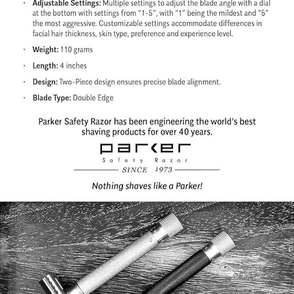 Parker THE VARIANT CLOSED COMB - ADJUSTABLE Double Edge Safety Razor, Customize your Shave with a Turn of the Dial from Mild to Aggressive - 5 Blades Included (SATIN CHROME)