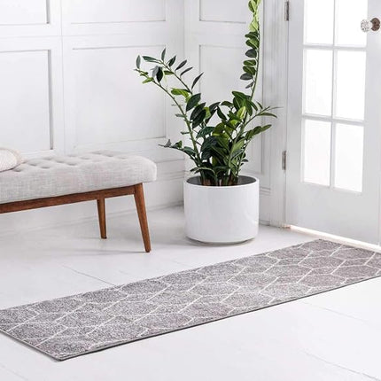 Alfombra de pasillo geométrica marroquí moderna gris claro Unique Loom Trellis Frieze Collection (0,6 x 3,9 m)