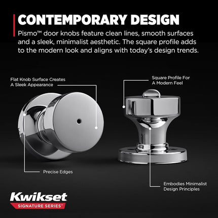 Kwikset Pismo Privacy Locking Door Knob, Interior Handle with Keyless Lock for Bedroom and Bathroom Doors, with Round Rose in Polished Chrome