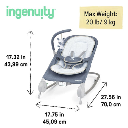 Ingenuity, Happy Belly Rock-to-Bounce Seat, Music, Vibration, Removable Toy Bar, Plush Toy Sloth, 0-6 Months, Blue - Chambray
