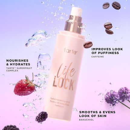 tarte life lock hydrating setting spray – 10-in-1 Weightless Mist to Hydrate & Lock Long-Lasting Makeup, Waterproof, Sweatproof & Transfer-Resistant, Vegan & Cruelty-Free, travel size